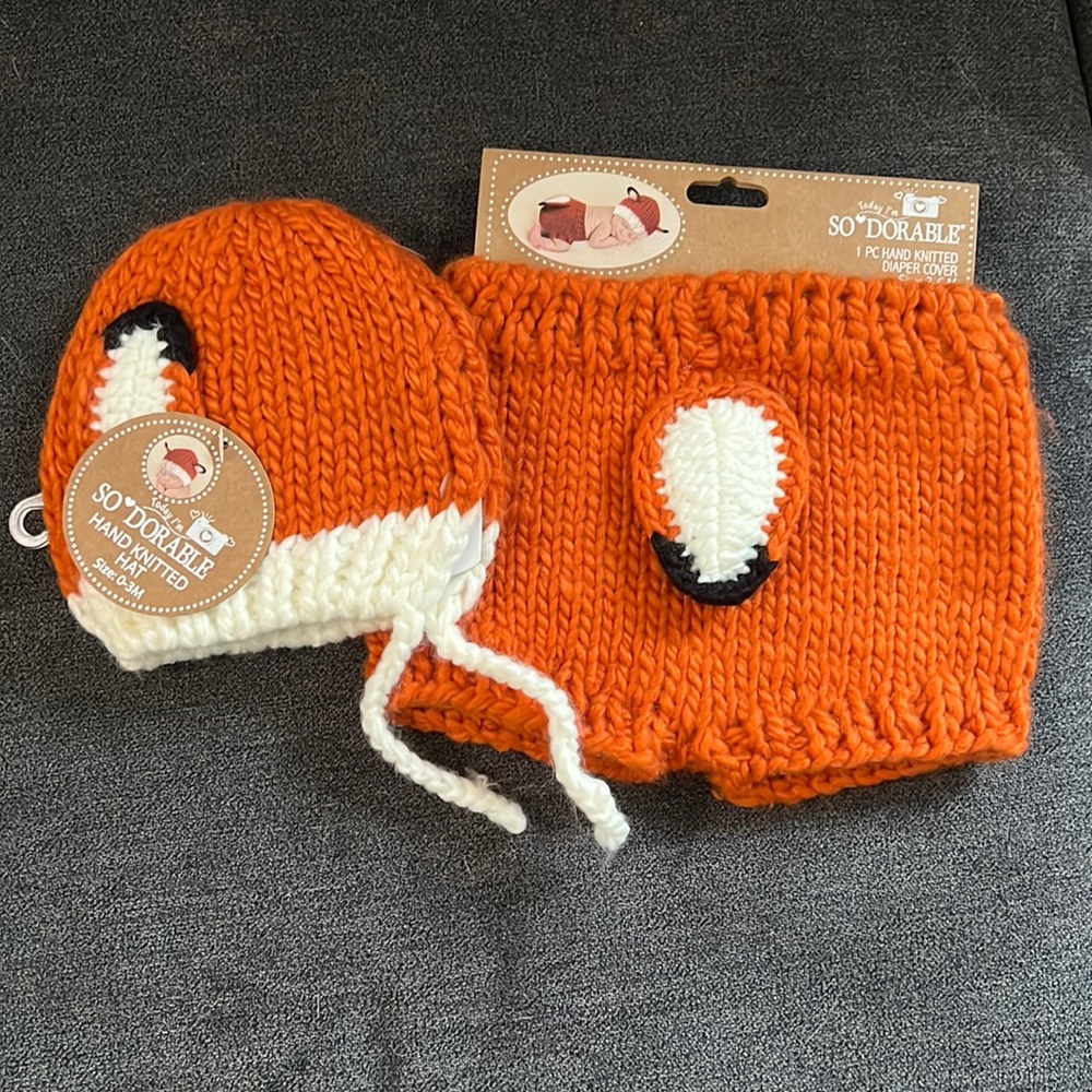 🆕 So Dorable Knit Fox Diaper Cover and Hat